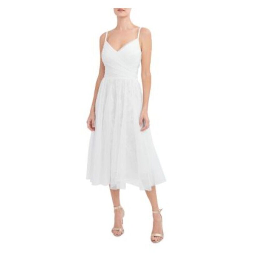 AQUA FORMAL Womens Ivory Tulle Overlay Lined Spaghetti Strap Midi Dress 4